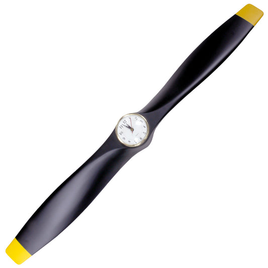 35.5 Inch Wooden Airplane Propeller Wall Clock - Black w/ Yellow Tips