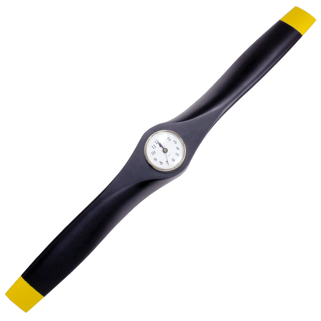 26 Inch Wooden Airplane Propeller Wall Clock - Black w/ Yellow Tips