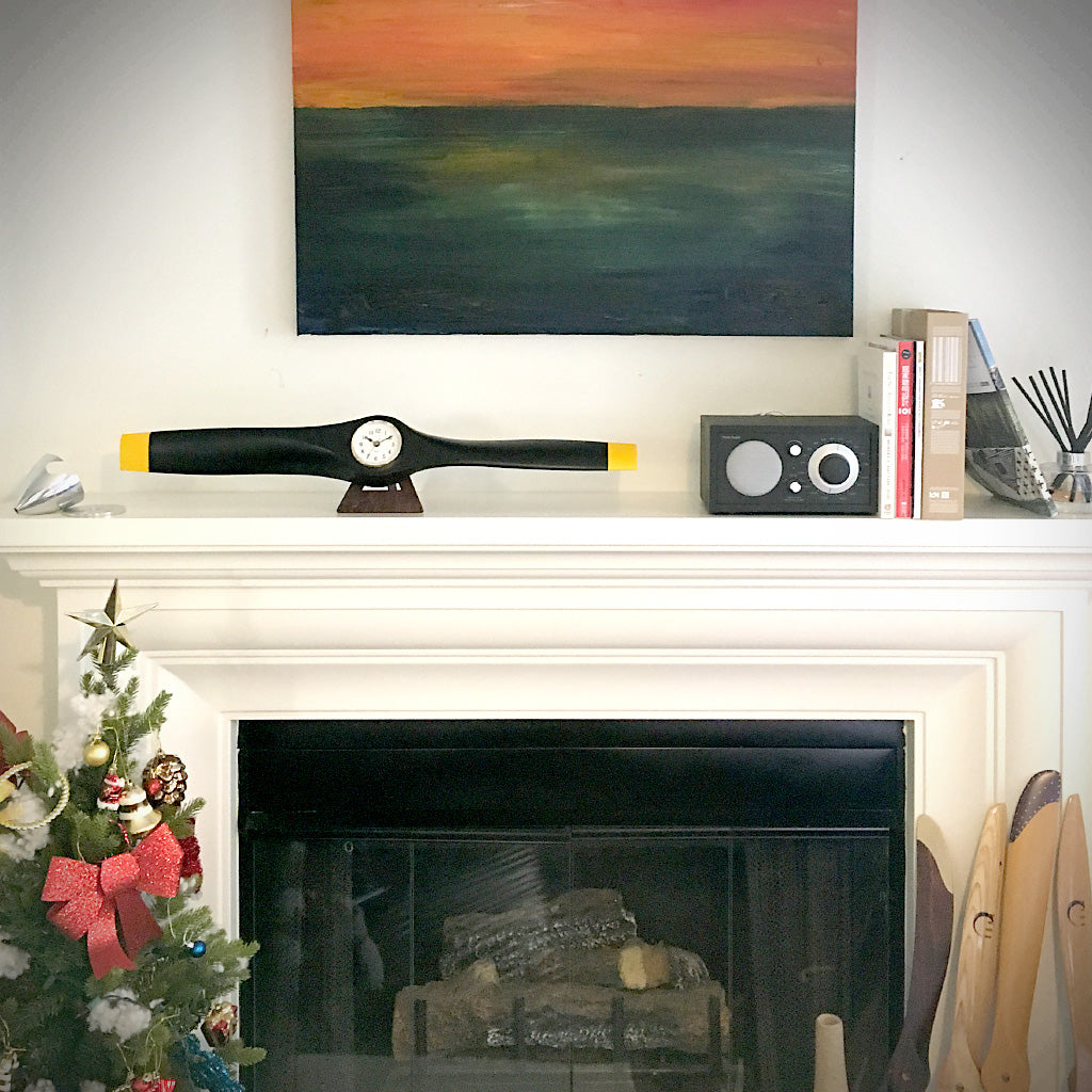26 Inch Wooden Airplane Propeller Wall Clock - Black w/ Yellow Tips